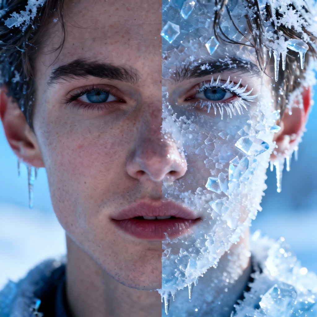 AI ice cover portrait with realistic frost and icicles
