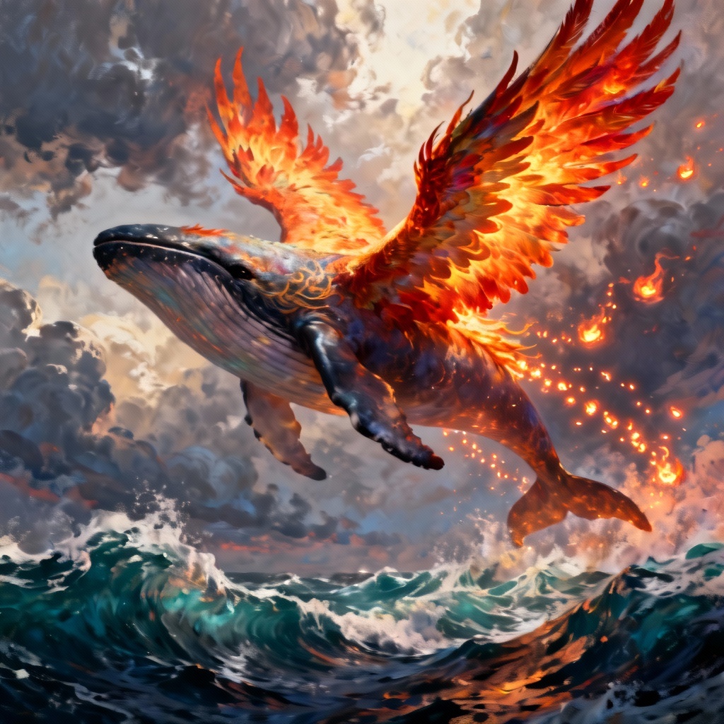 Fantasy phoenix-whale hybrid flying over ocean