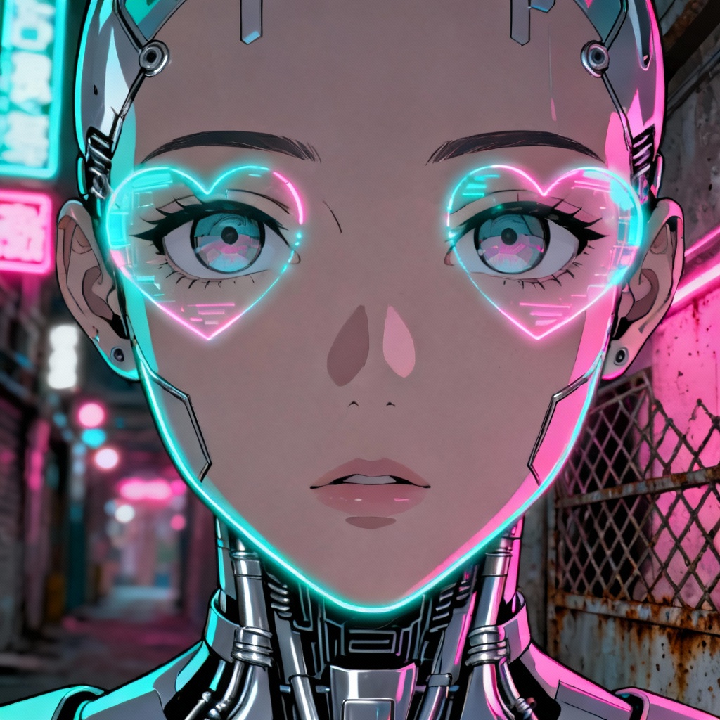AI yandere robot closeup with neon heart HUD and cyberpunk glow
