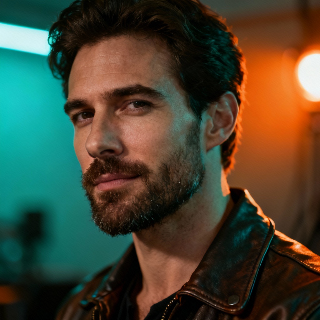 AI cinematic masculine portrait with stubble and leather jacket