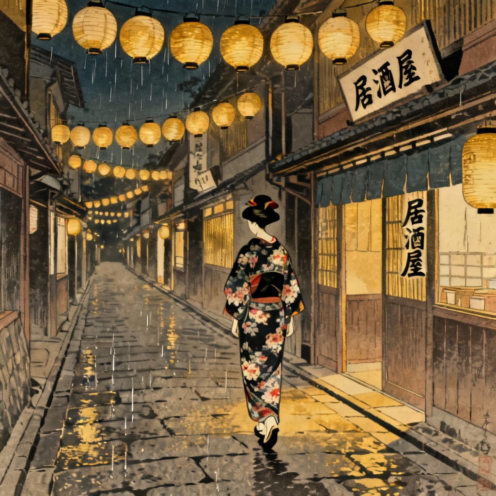 AI geisha walking under lantern-lit street