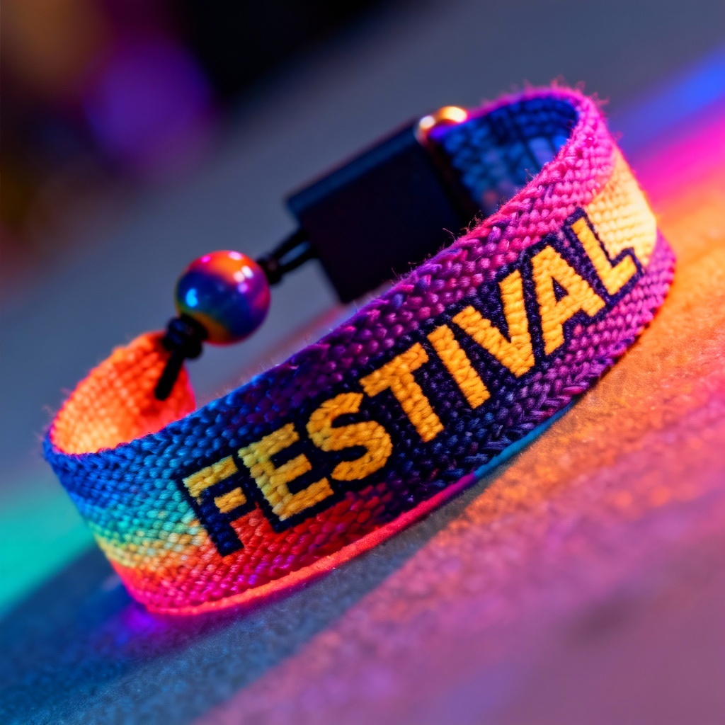 Fabric festival wristband with woven gradient and bold typography
