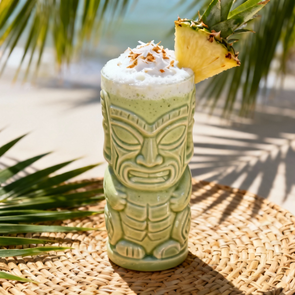 AI mocktail image of matcha colada with frothy top and pineapple leaf