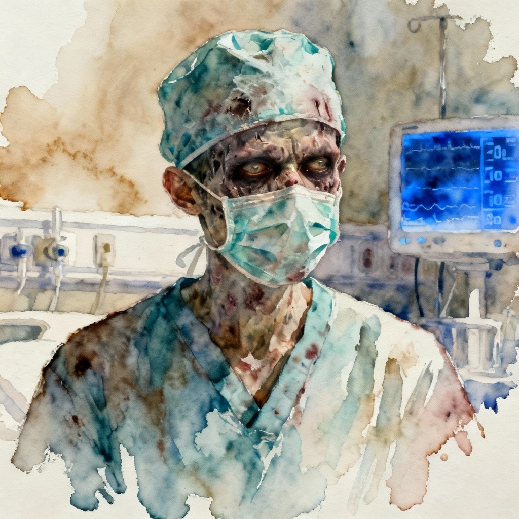 Watercolor portrait of a zombie doctor in ICU setting