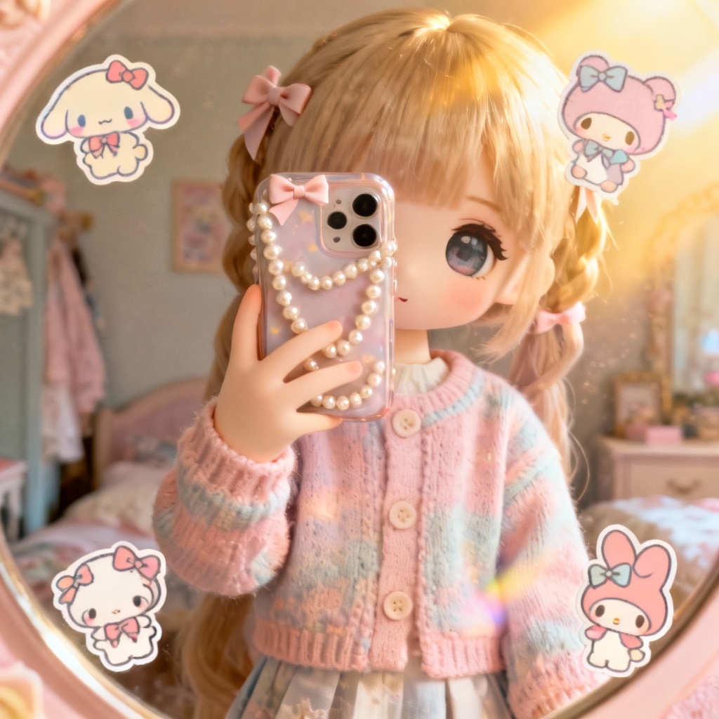 Soft girl dollette mirror selfie with pearl phone case