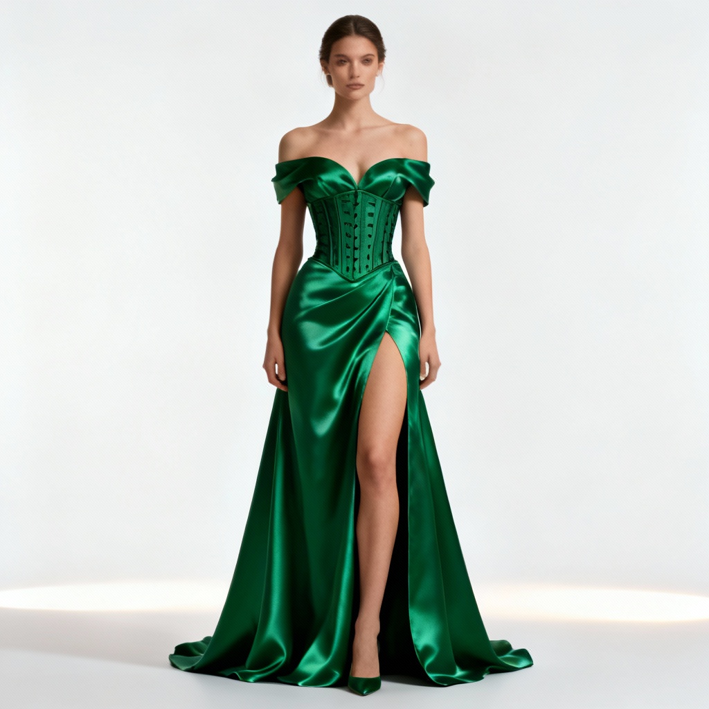 AI satin evening gown on white background