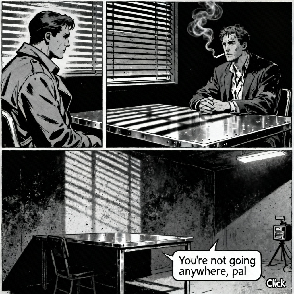 AI noir comic in black and white with dramatic lighting