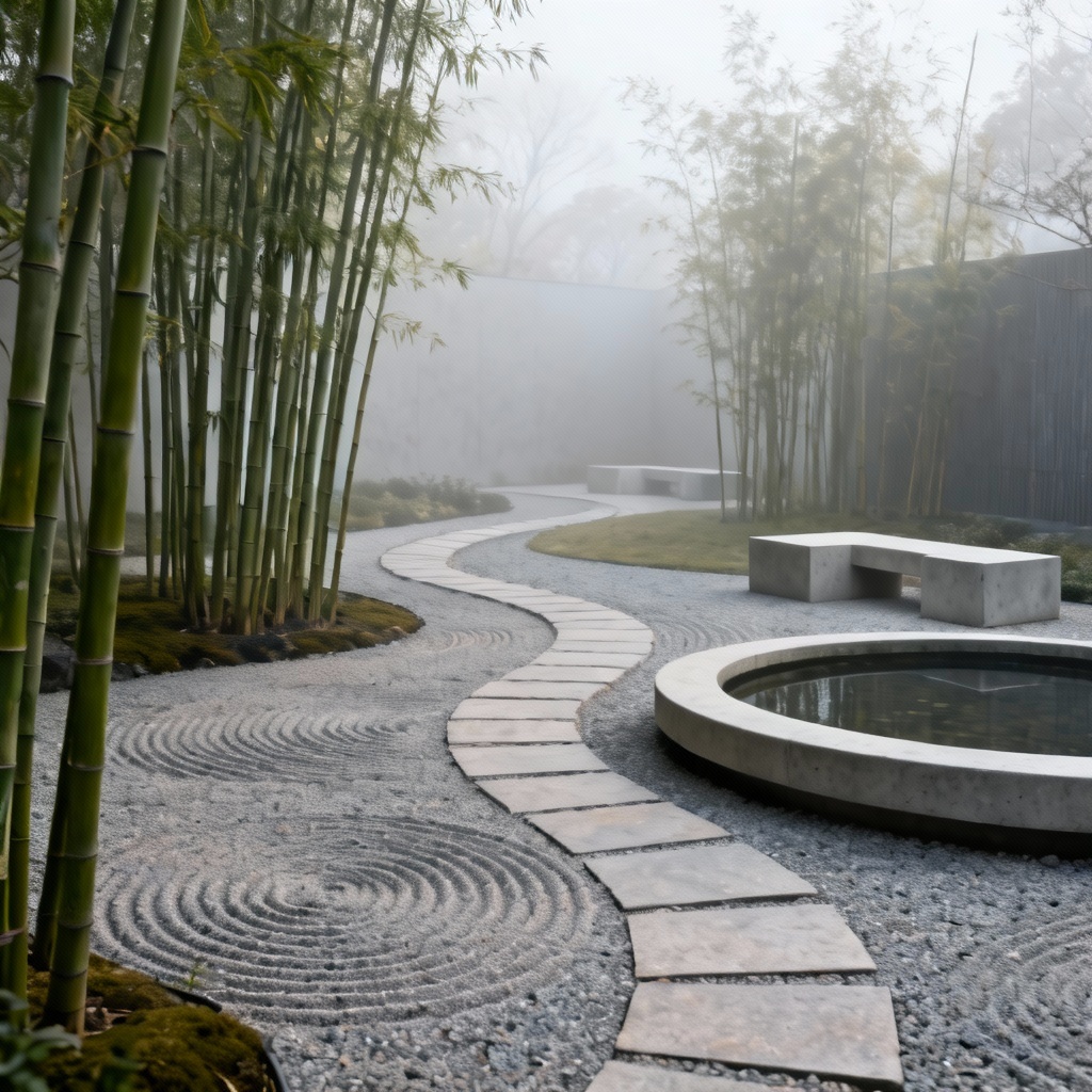Minimalist zen garden pocket park with stones and bamboo