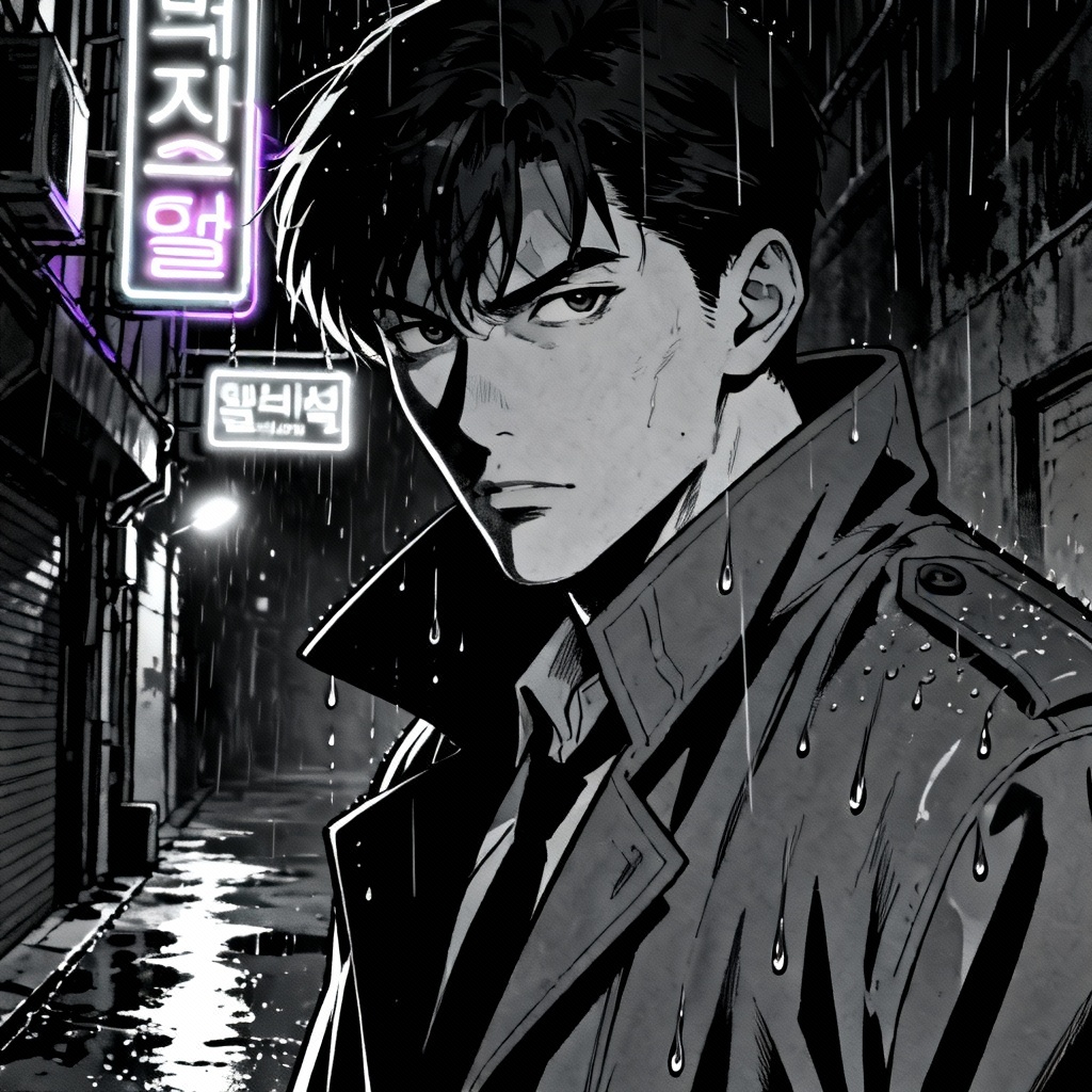 AI Korean webtoon detective in neon noir scene