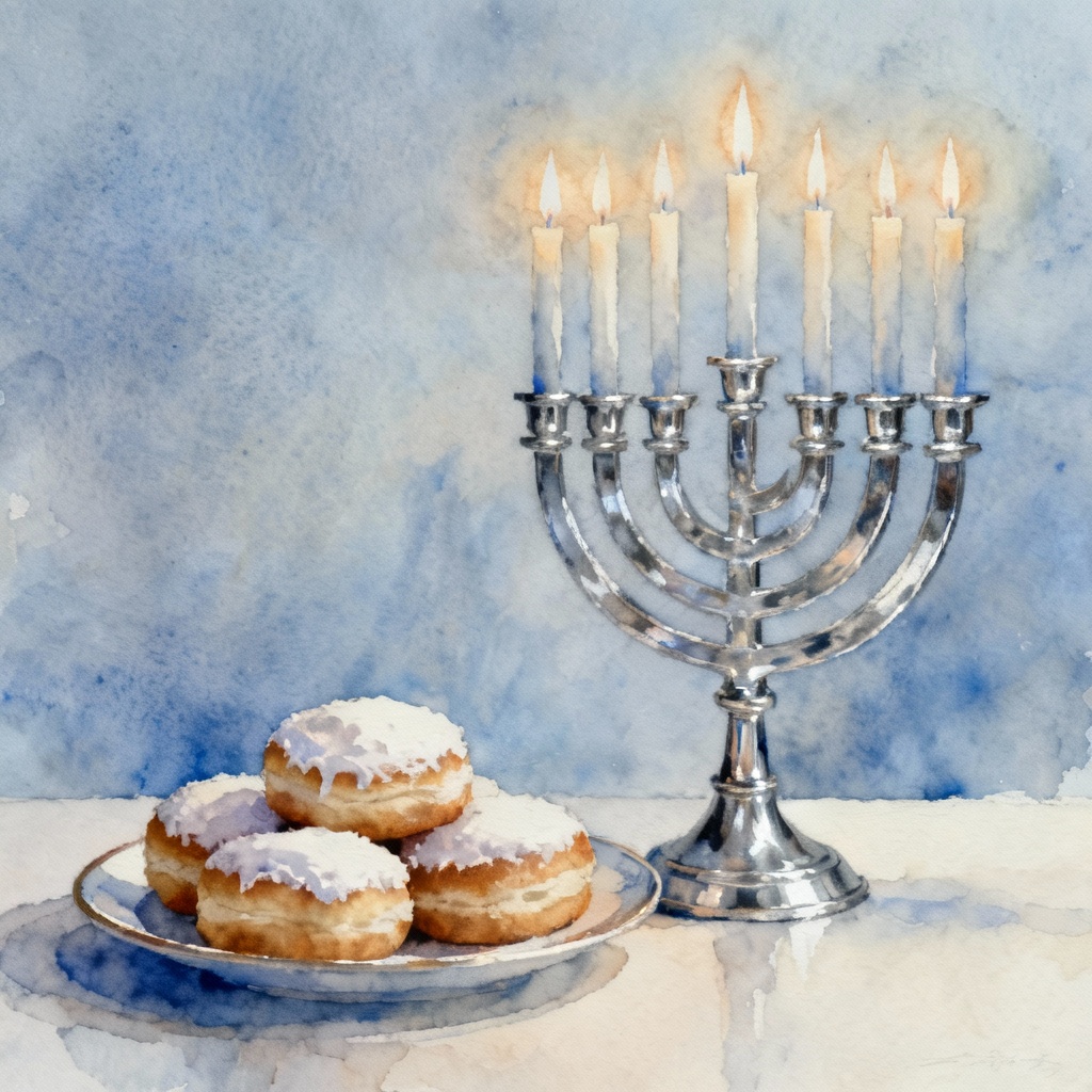 AI warm Hanukkah table with menorah and sufganiyot