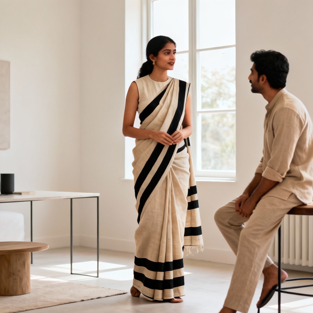 AI linen stripe saree modern drape