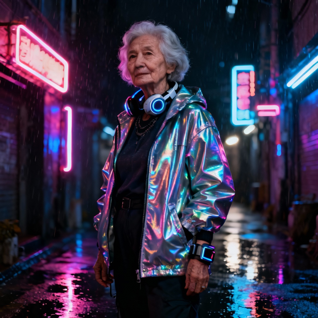 AI cyberpunk tech grandma in neon city