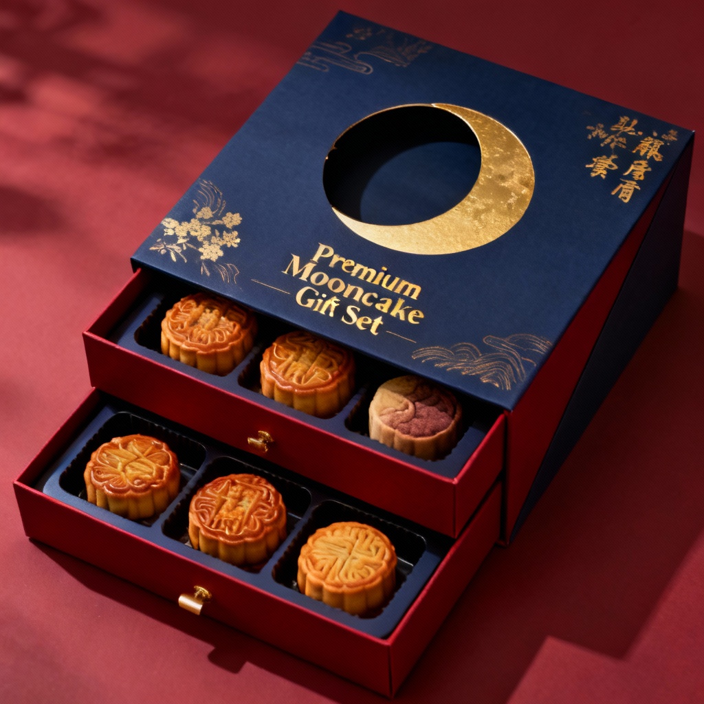 Luxury mooncake gift box with gold foil and die-cut moon window