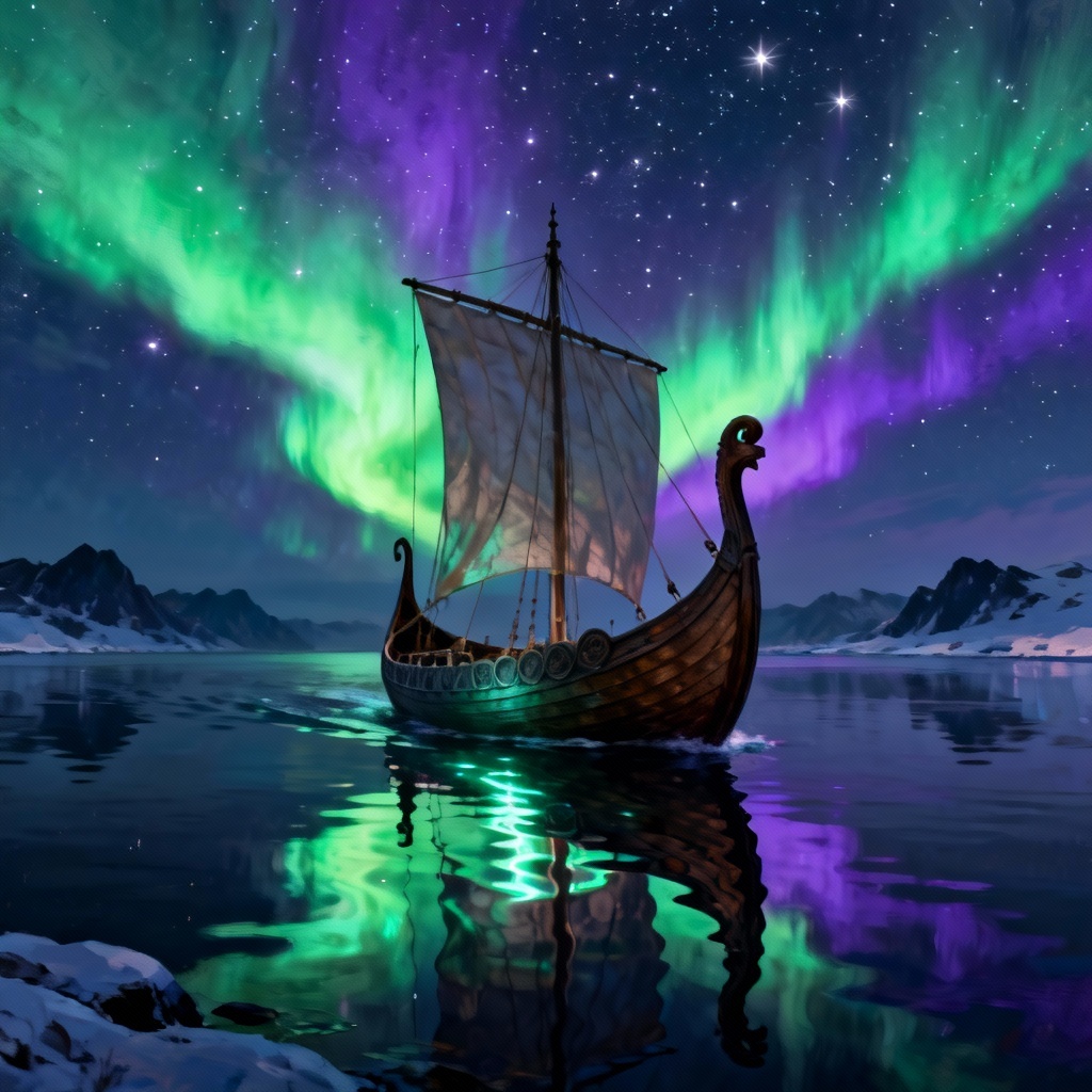 AI Viking drakkar longship sailing under the northern lights