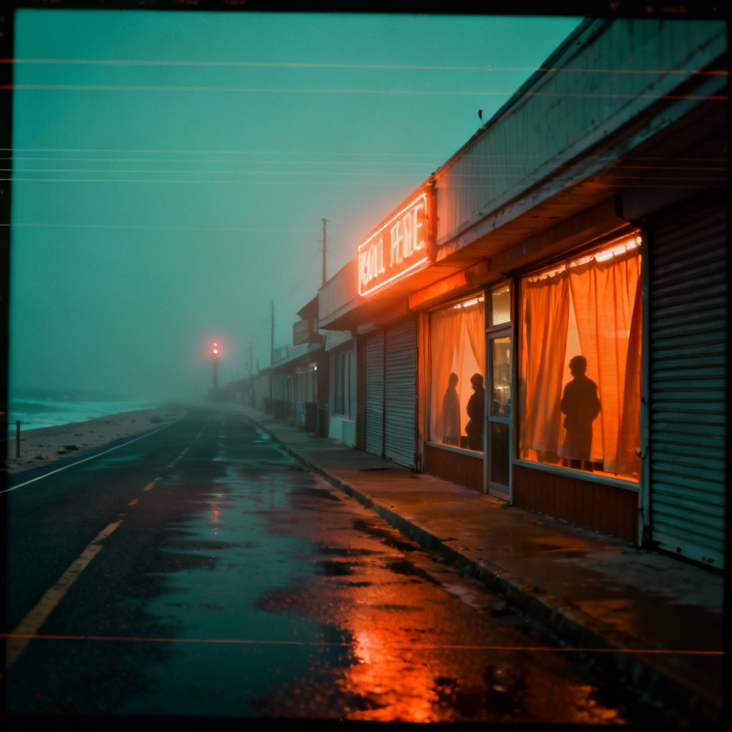 AI cursed foggy coastal street in analog horror style