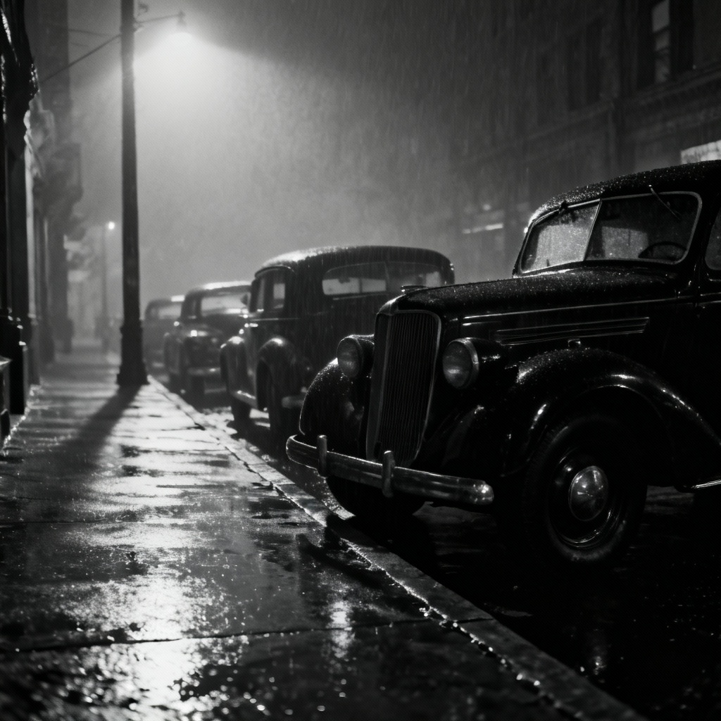 AI noir monochrome cityscape at night