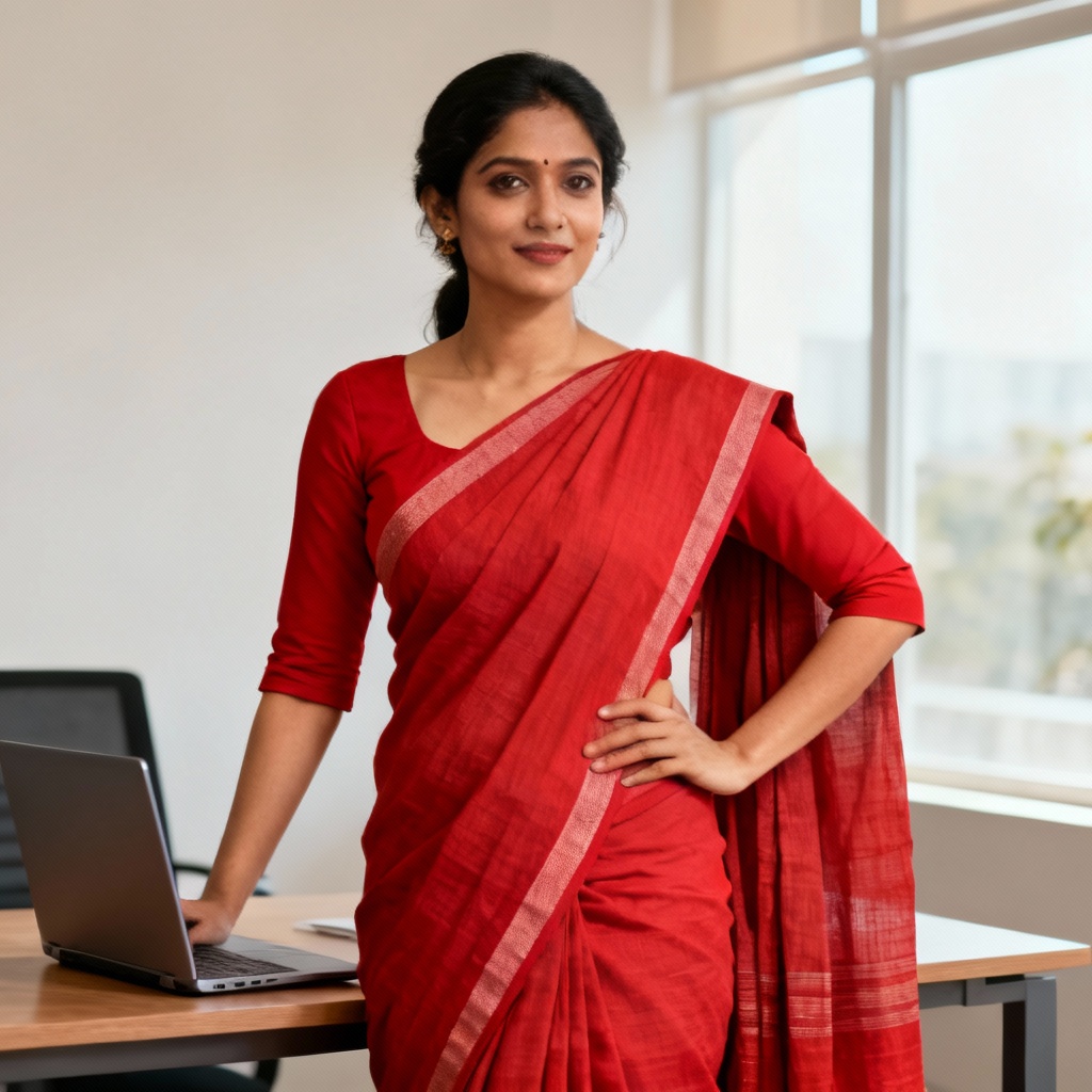 AI red office saree professional portrait