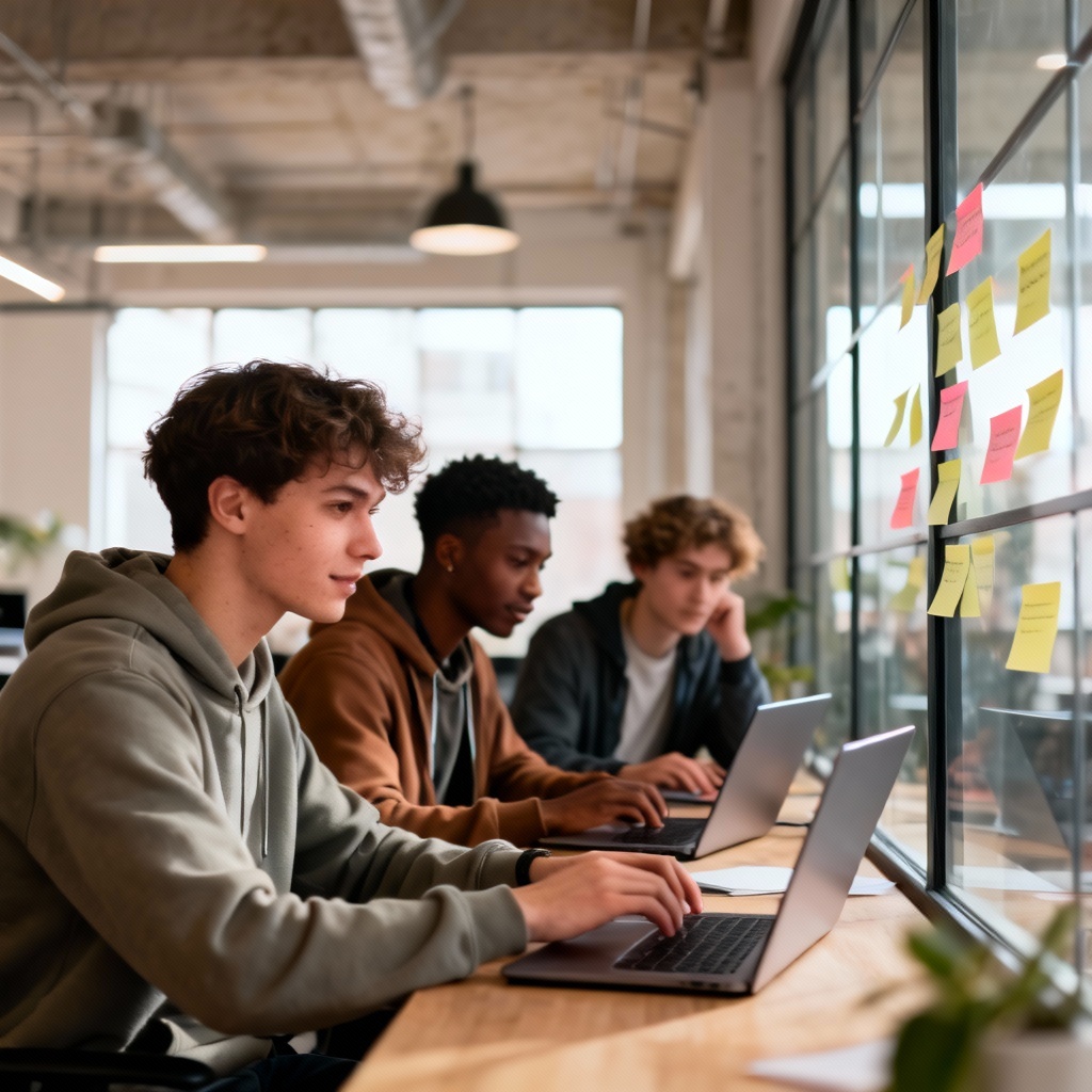 AI startup team of young adults collaborating