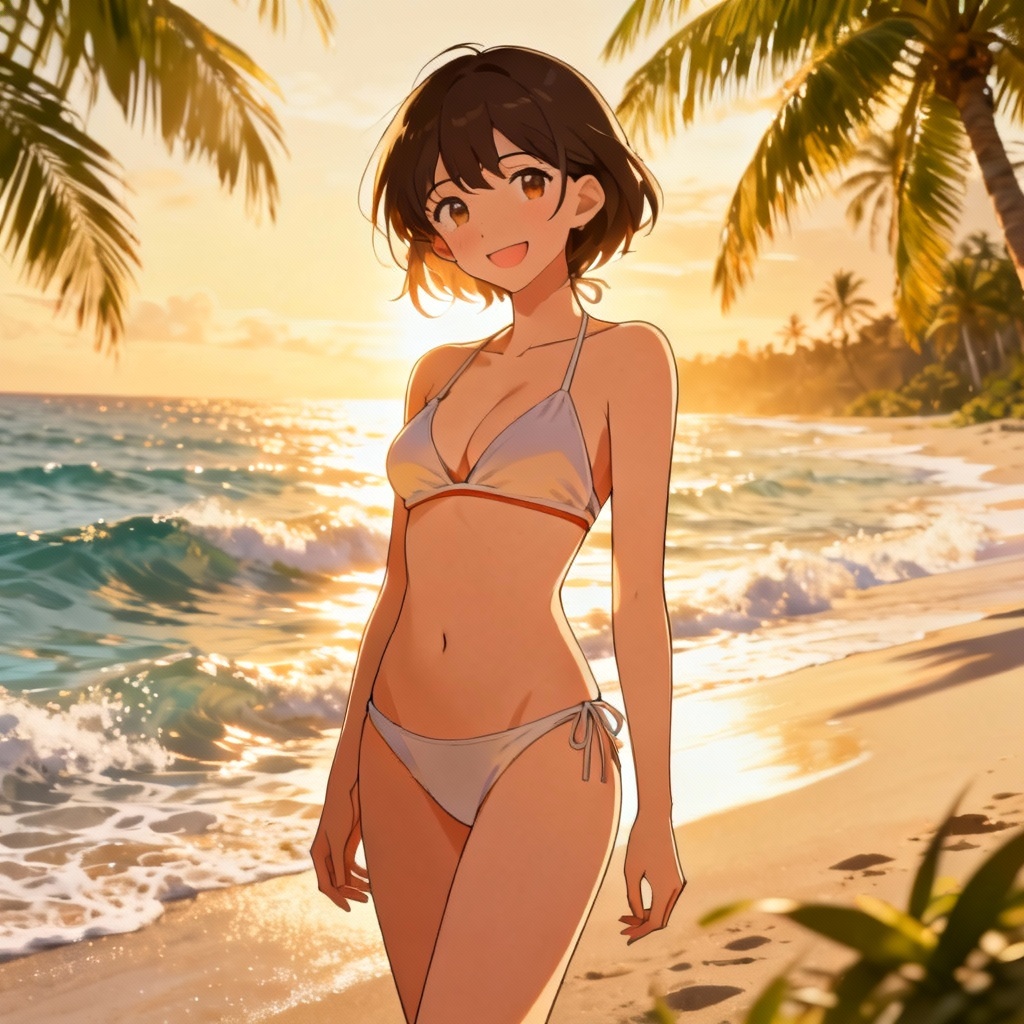 Adult anime woman in tasteful bikini on a sunny beach scene