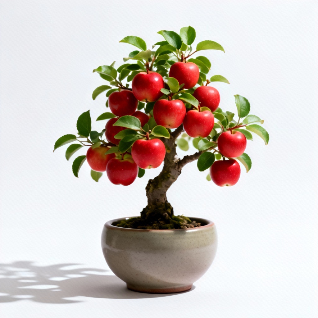 Photorealistic bonsai apple tree with tiny fruits