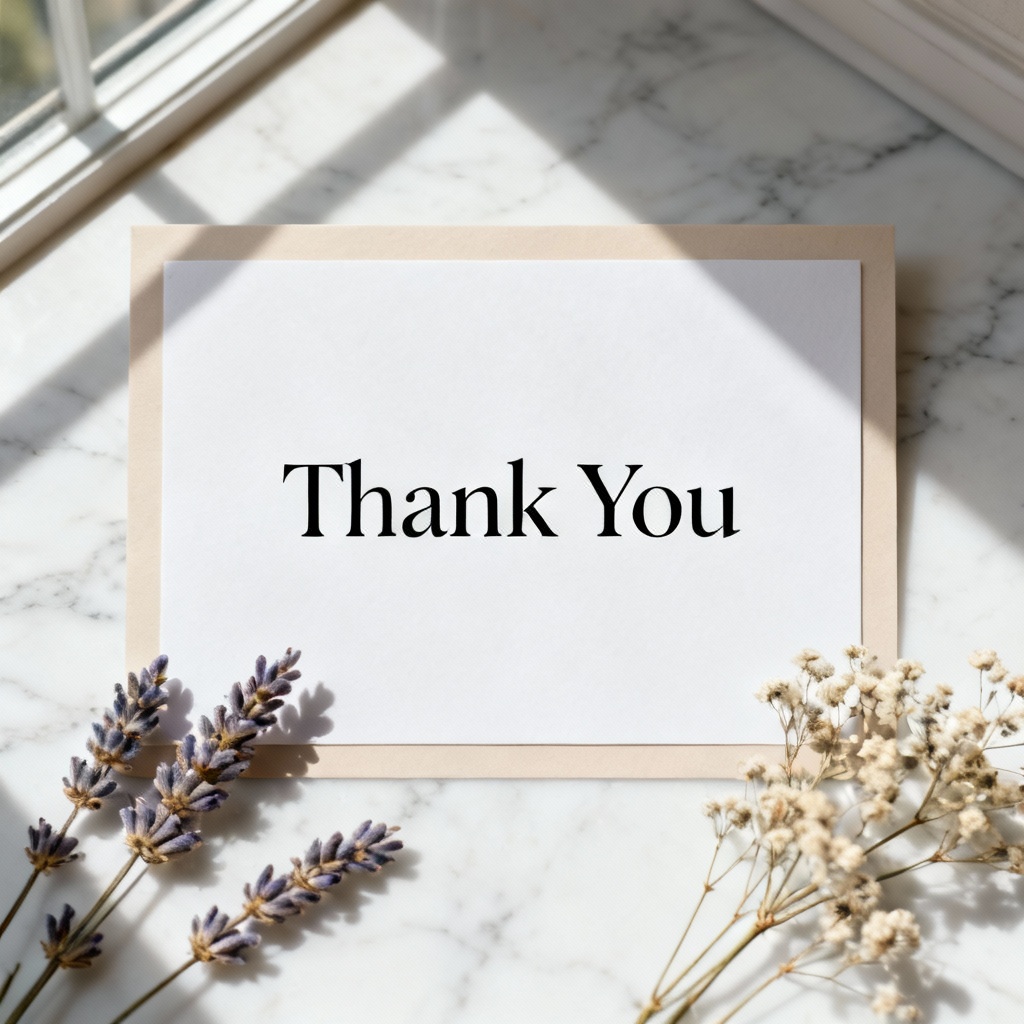 AI minimal thank you greeting card on marble with florals