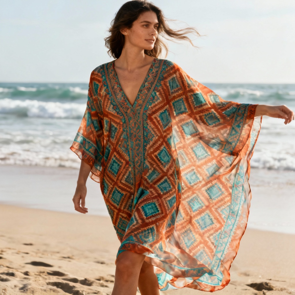 AI Boho Kaftan Robe with Geometric Print