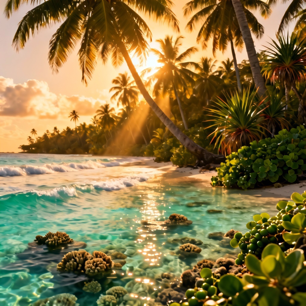 AI tropical environment scene with palm-lined lagoon at sunset