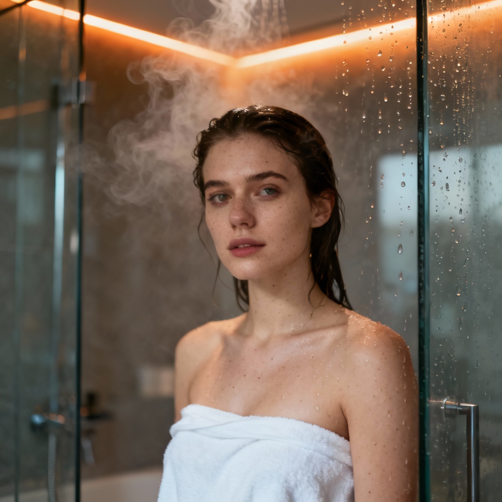AI shower girl portrait SFW with towel and steam