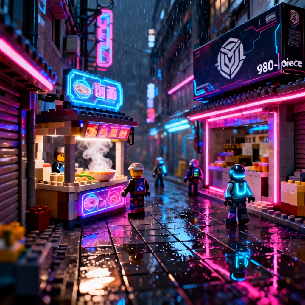 AI LEGO cyberpunk street market set concept