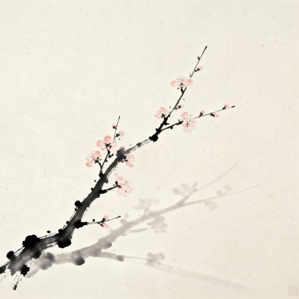 Minimalist zen branch with sparse peach blossoms