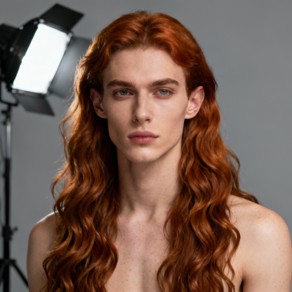 Photorealistic portrait with waist-length wavy copper hair