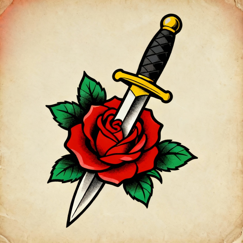 AI old school dagger through rose tattoo flash