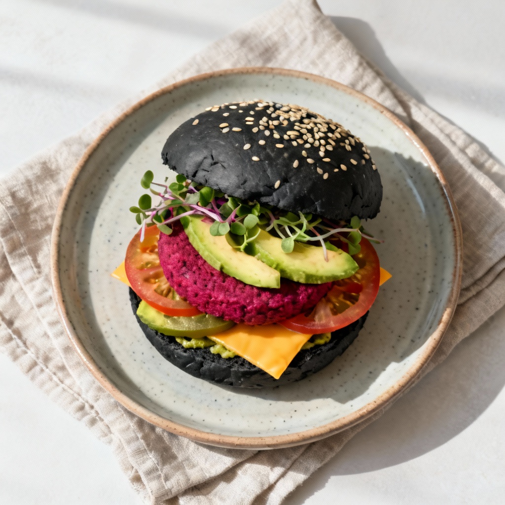 AI vegan burger flat lay with charcoal bun and greens