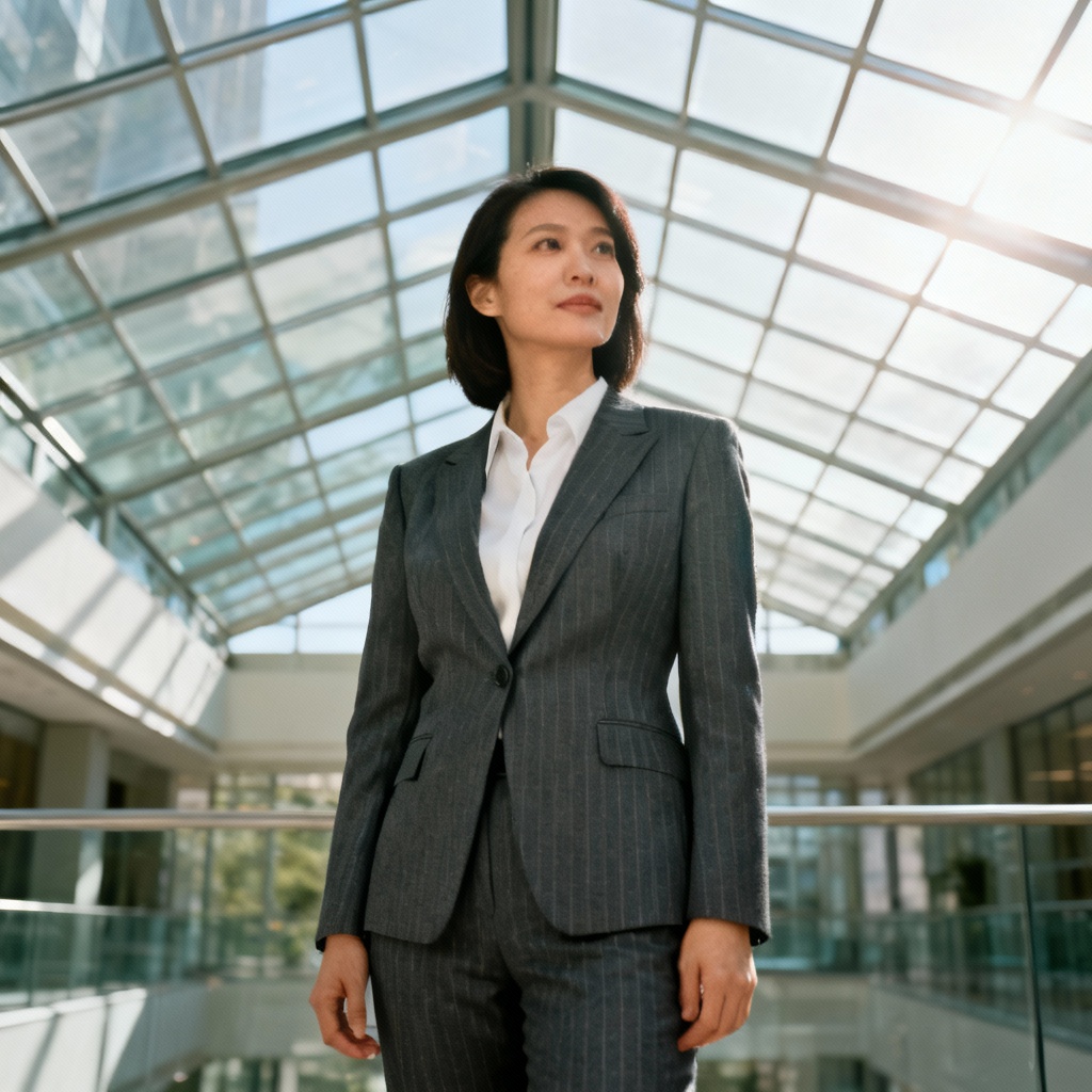 AI female pinstripe power suit