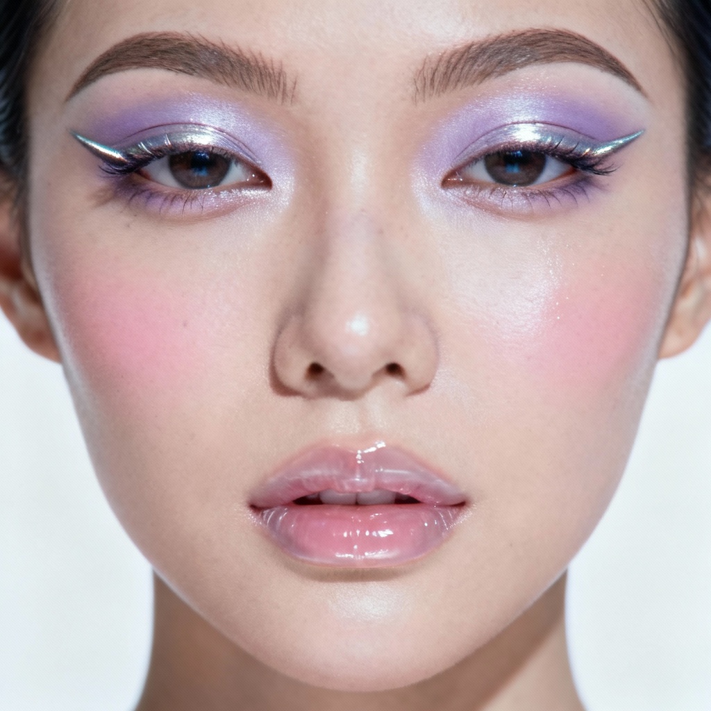 AI Y2K makeup with chrome eyeliner and frosted lavender shadow