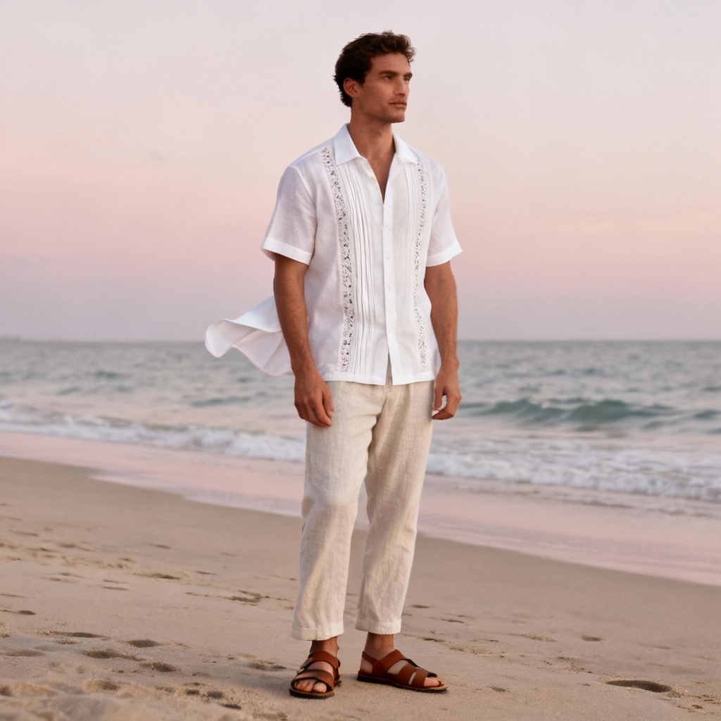 AI guayabera outfit styled for a beach setting