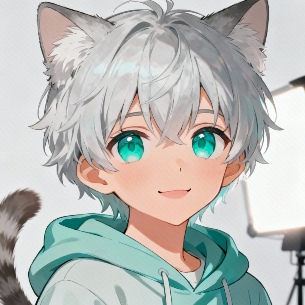AI anime cat girl portrait with silver hair and teal eyes