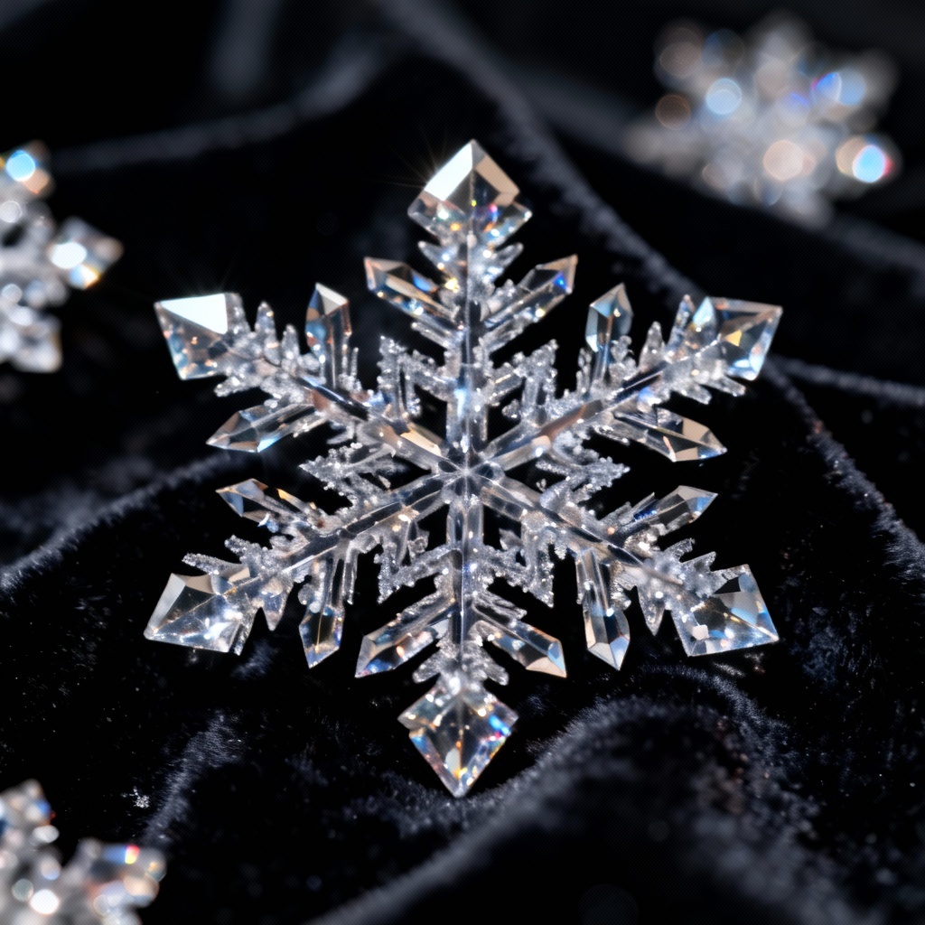 AI macro snowflake crystals on black background