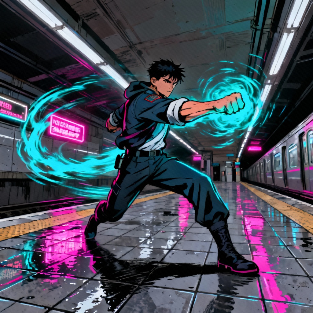 AI JJK OC fight pose in neon subway