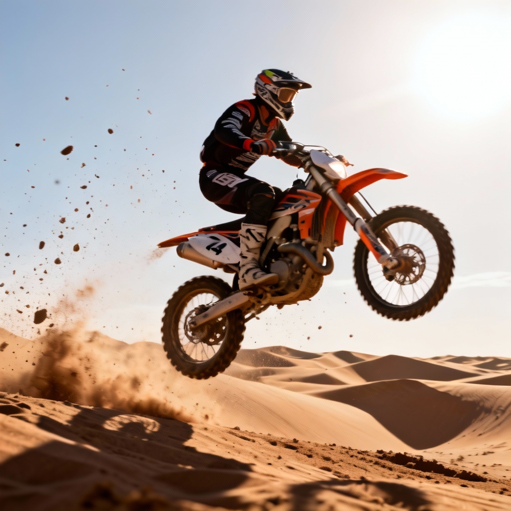 AI motocross biker jumping over desert dunes