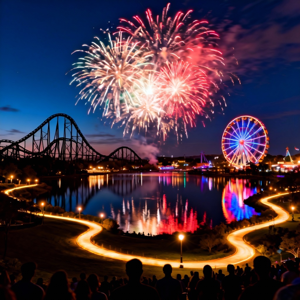 AI theme park skyline at night with fireworks show
