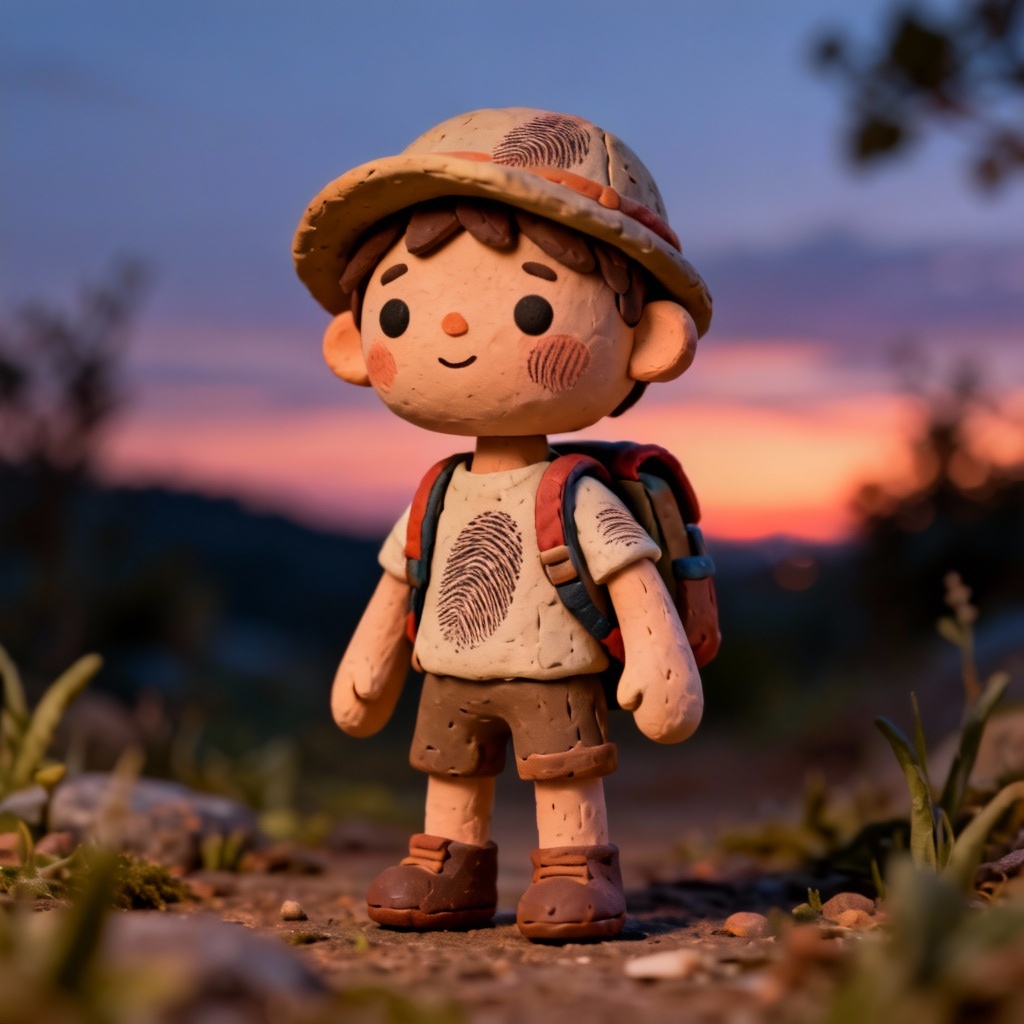 AI stop motion clay puppet explorer with backpack