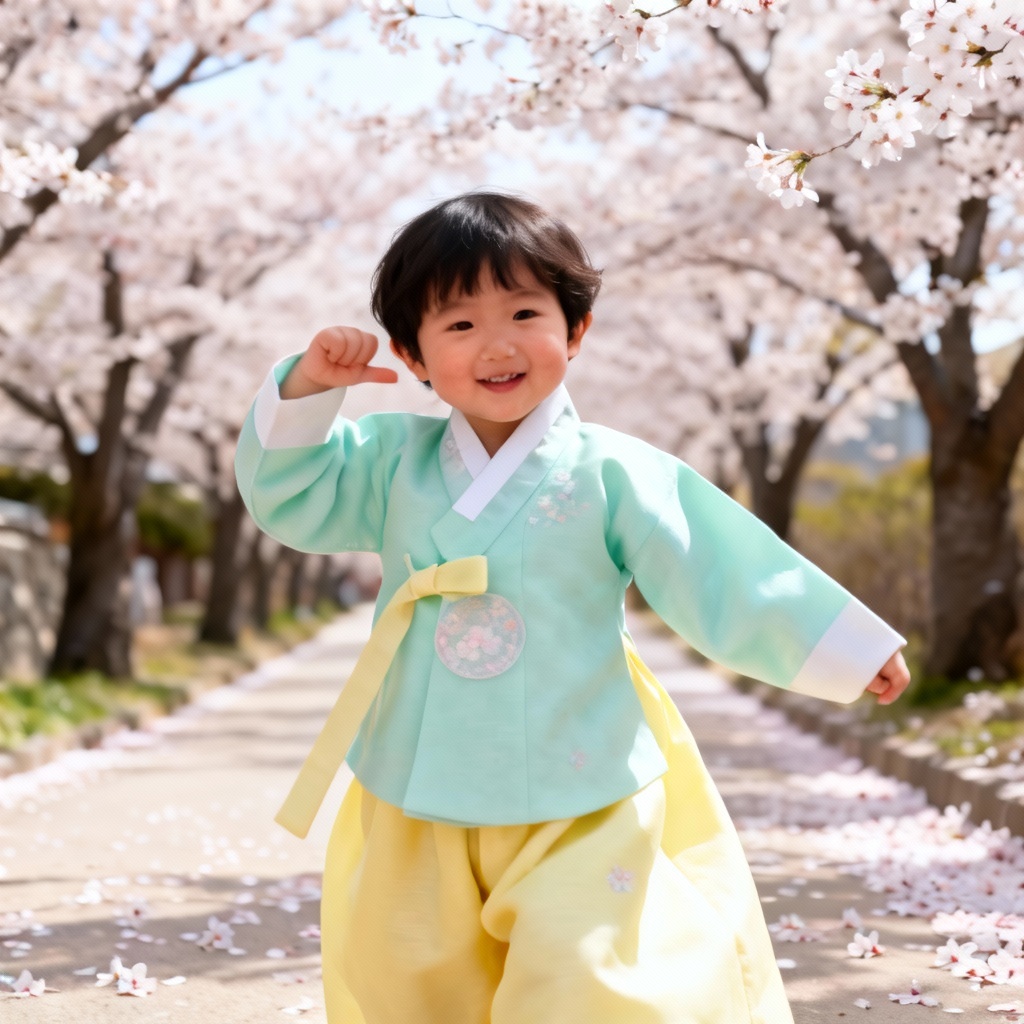 AI kids hanbok spring festival photo with cherry blossoms