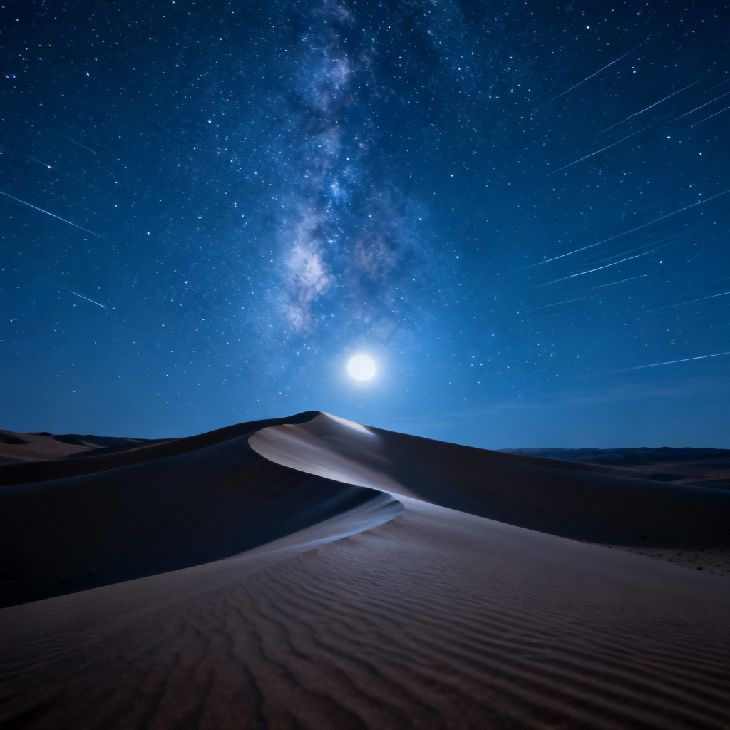 Astrophotography-style desert night with the Milky Way above dunes