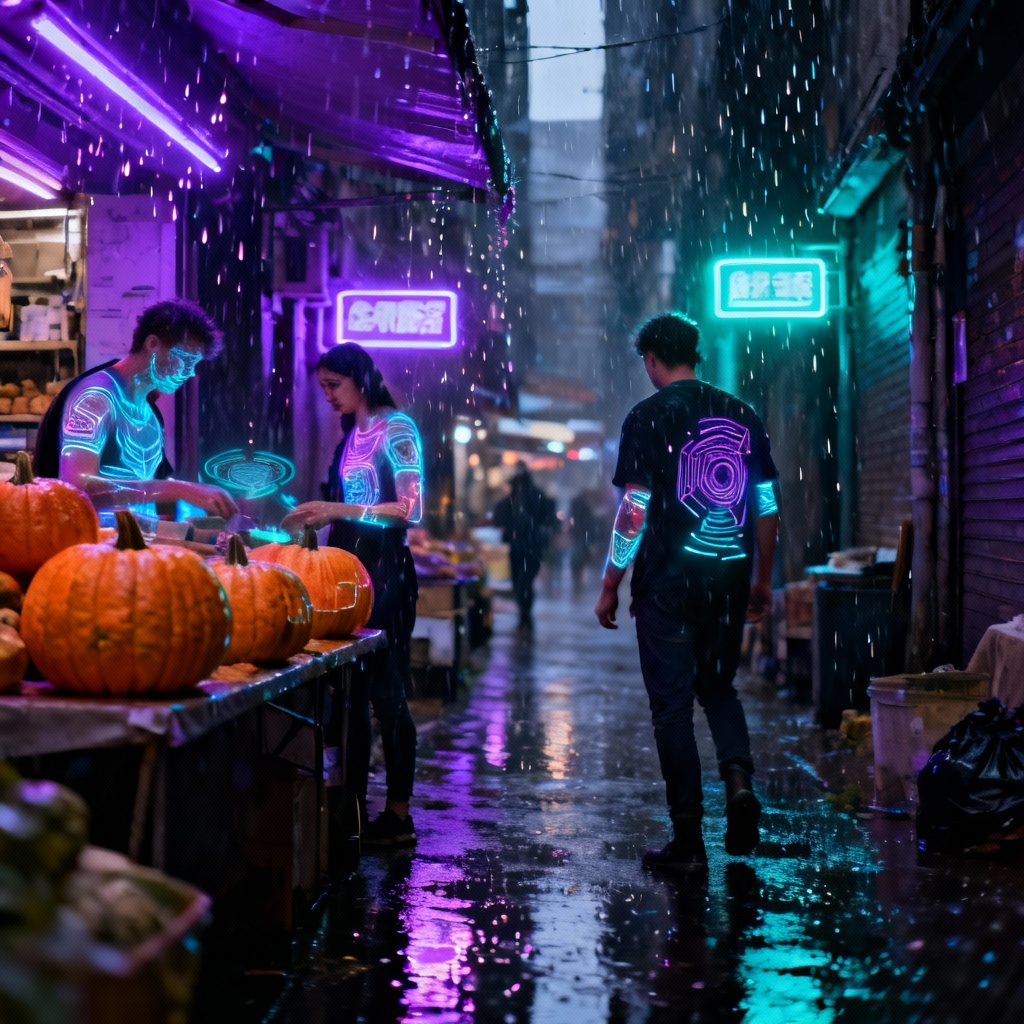 Cyberpunk glowing pumpkins with holographic patterns