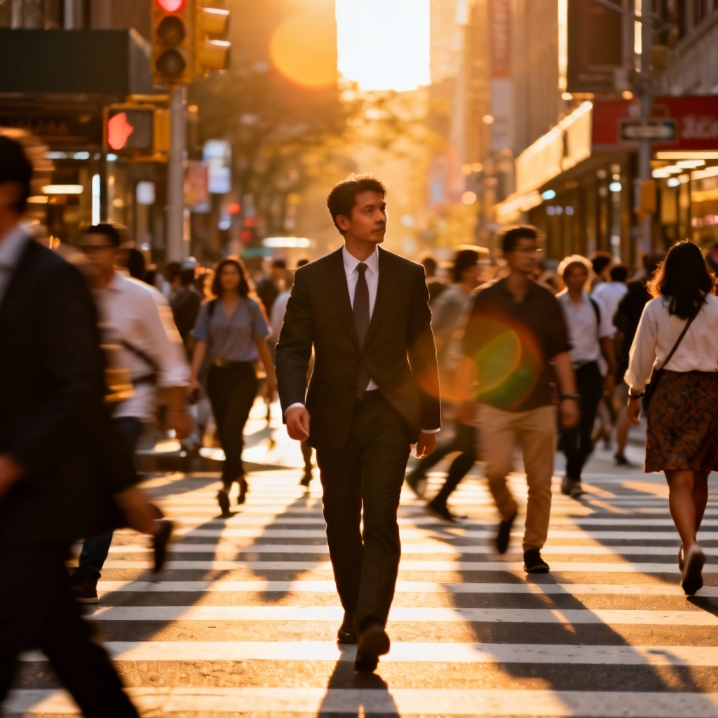 Photorealistic busy city street crosswalk crowd