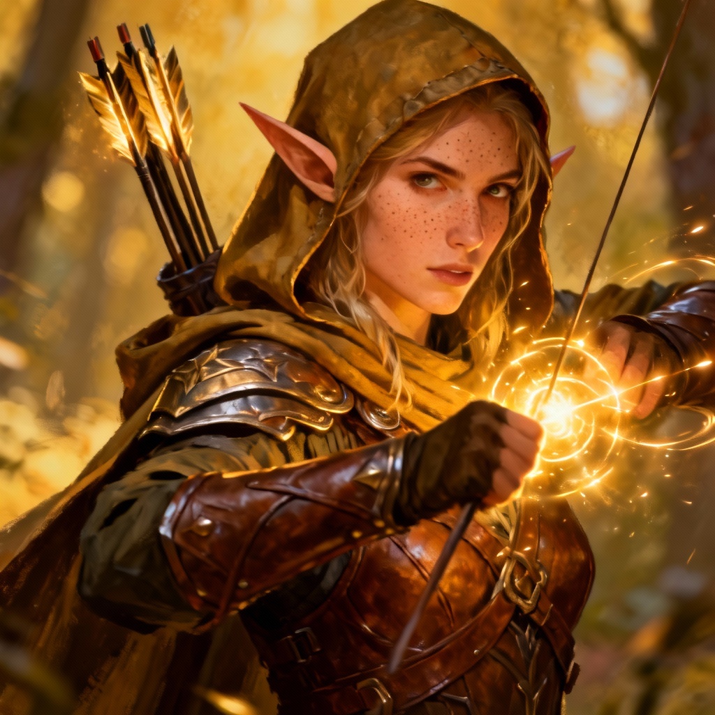 AI-generated DnD elf ranger portrait with arcane arrows