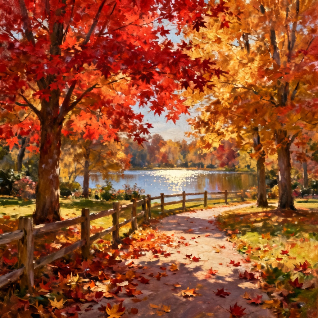AI autumn maple grove in a serene park with a leaf-strewn path