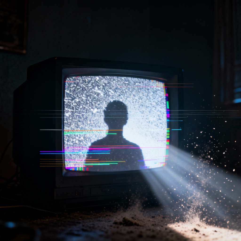 AI glitchcore horror with a silhouette in CRT static