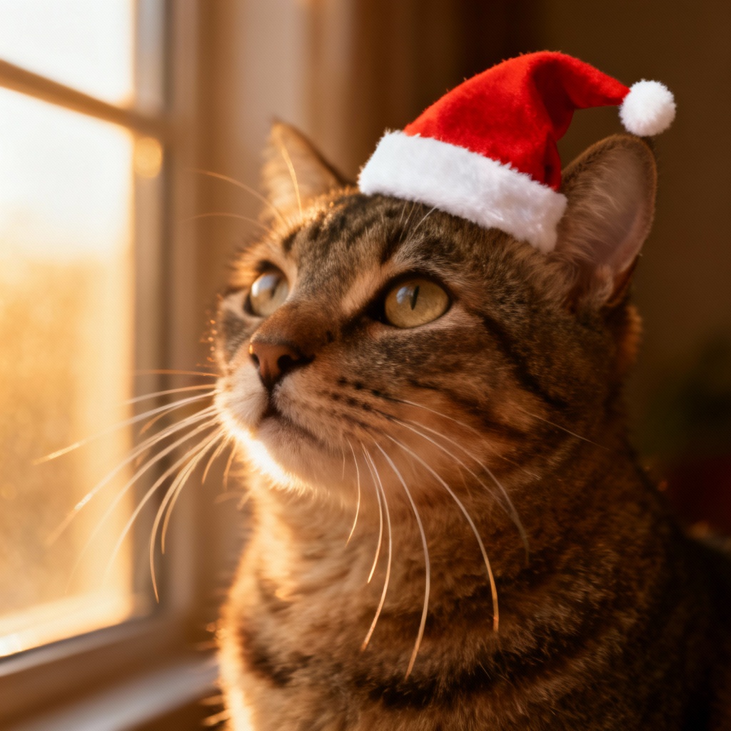 Cute cat portrait wearing a tiny Santa hat